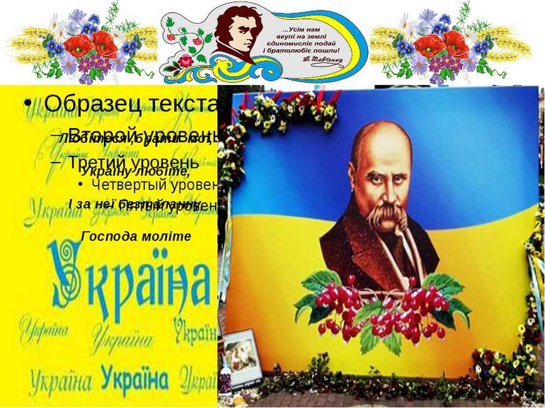 Любітеся ,брати мої, Україну любіте, І за неї безталанну, Господа моліте