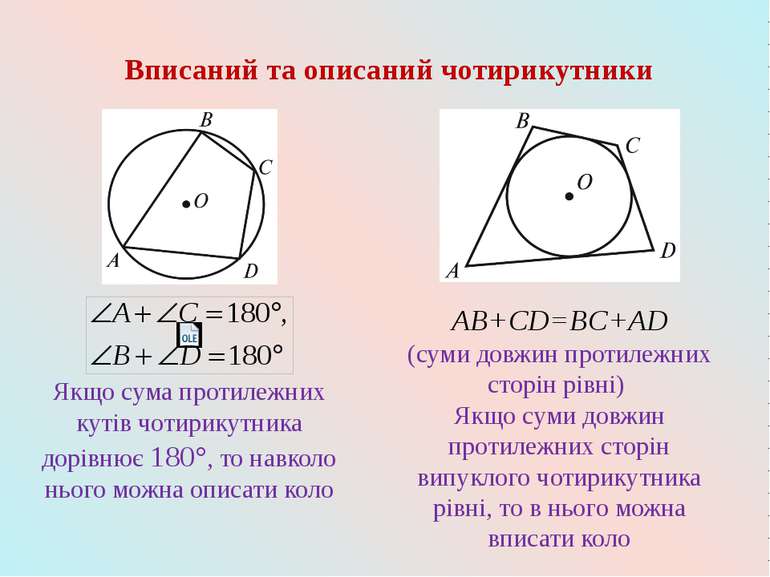 Вписаний та описаний чотирикутники AB+CD=BC+AD (суми довжин протилежних сторі...