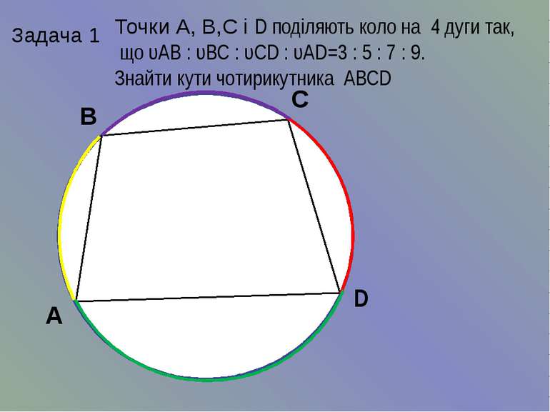 Задача 1 Точки А, В,С і D поділяють коло на 4 дуги так, що υАВ : υВС : υСD : ...