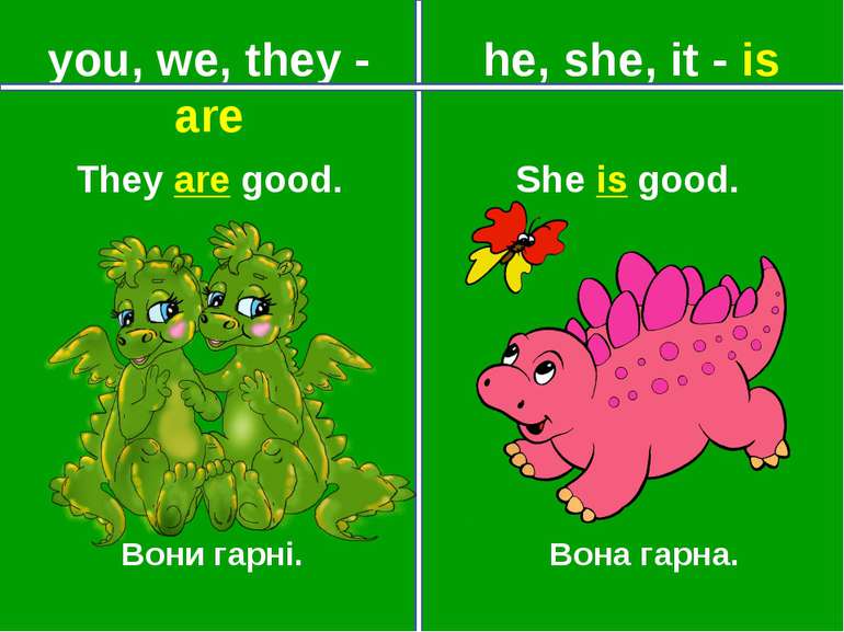 you, we, they - are he, she, it - is Вони гарні. Вона гарна. They are good. S...