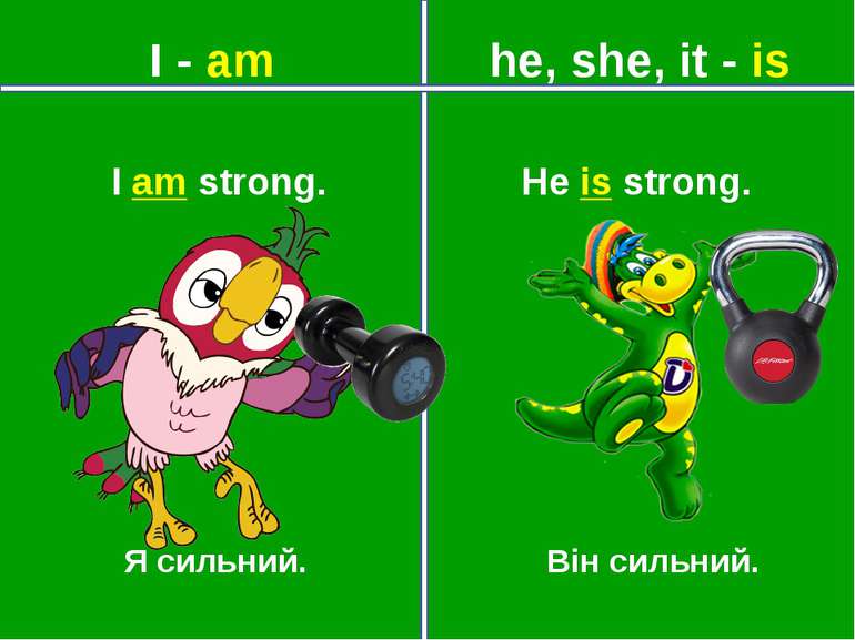 I - am he, she, it - is Я сильний. Він сильний. He is strong. I am strong.