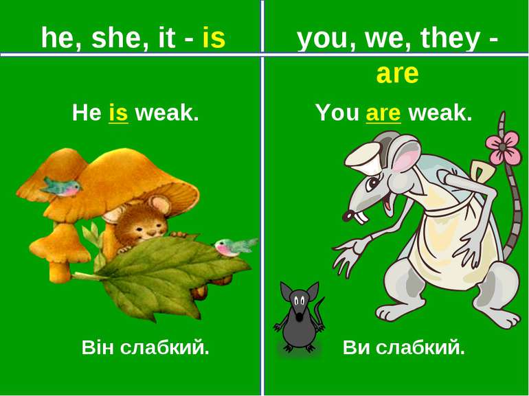 you, we, they - are he, she, it - is Він слабкий. Ви слабкий. You are weak. H...