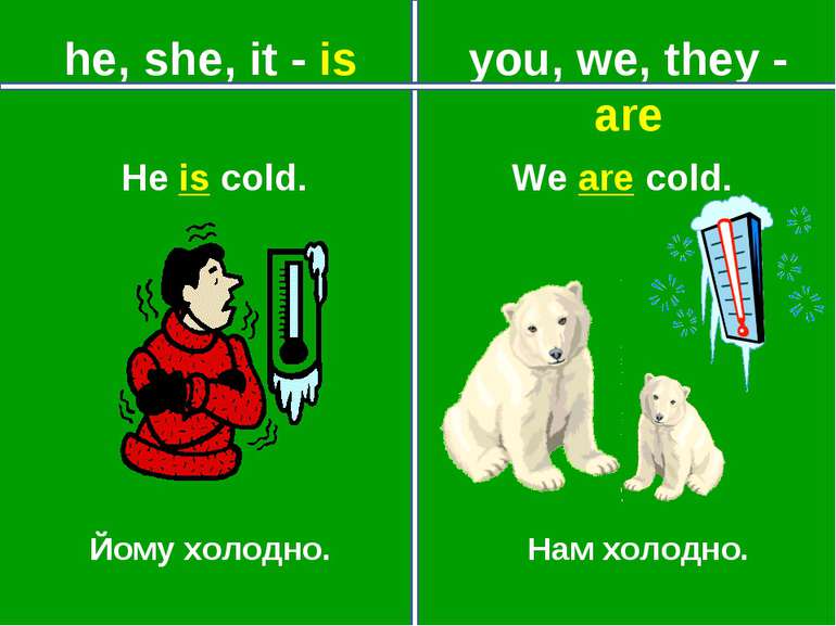 you, we, they - are he, she, it - is Йому холодно. Нам холодно. He is cold. W...