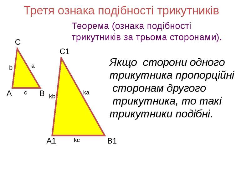 Третя ознака подібності трикутників Теорема (ознака подібності трикутників за...