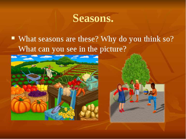 Seasons. What seasons are these? Why do you think so? What can you see in the...