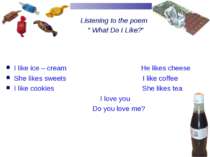 Listening to the poem “ “ What Do I Like?” I like ice – cream He likes cheese...