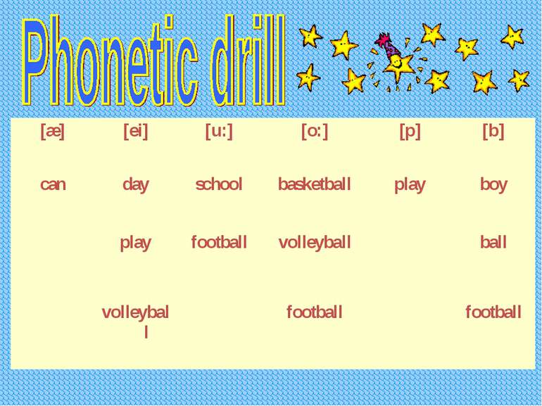 [æ] [ei] [u:] [o:] [p] [b] can day school basketball play boy play football v...