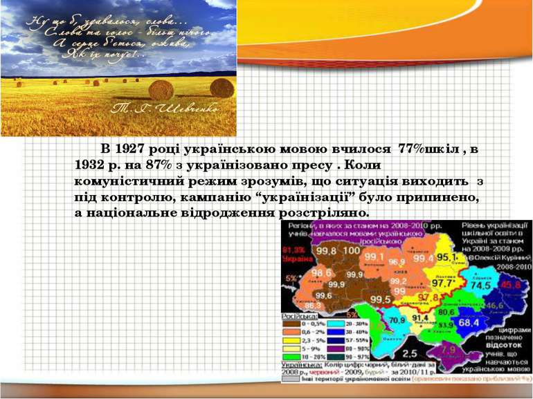 В 1927 році українською мовою вчилося 77%шкіл , в 1932 р. на 87% з українізов...