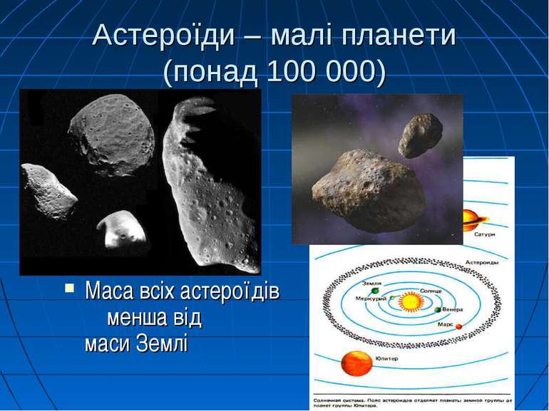 Астероїди – малі планети (понад 100 000) Маса всіх астероїдів менша від маси ...