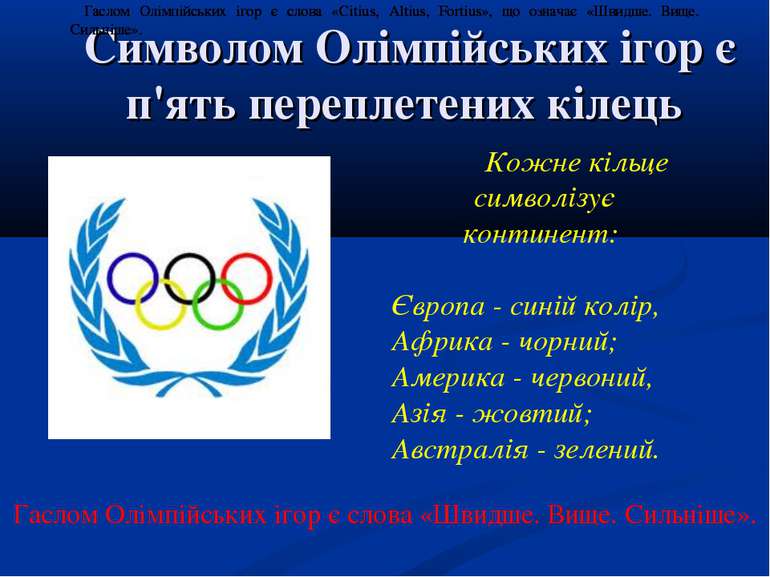 Символом Олімпійських ігор є п'ять переплетених кілець Кожне кільце символізу...