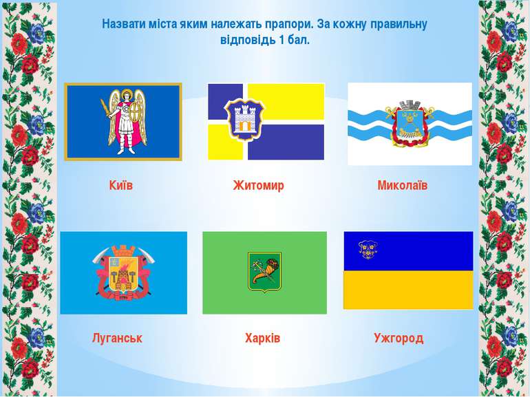 Назвати міста яким належать прапори. За кожну правильну відповідь 1 бал. Київ...