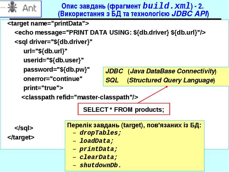 Опис завдань (фрагмент build.xml) - 2. (Використання з БД та технологією JDBC...