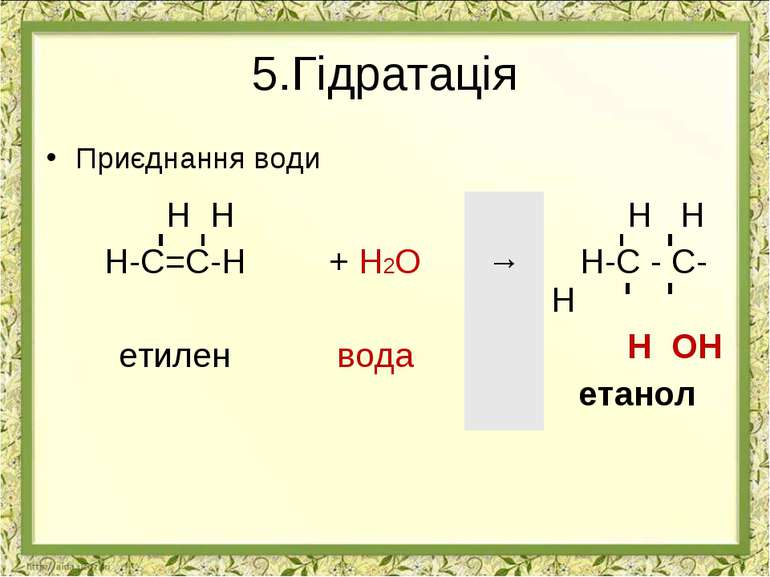 5.Гідратація Приєднання води Н Н Н-С=С-Н етилен + H2O вода → Н Н Н-С - С-Н Н ...
