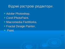 Відомі растрові редактори. Adobe Photoshop, Corel PhotoPaint, Macromedia Fire...