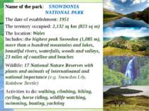 Name of the park: SNOWDONIA NATIONAL PARK The date of establishment: 1951 The...