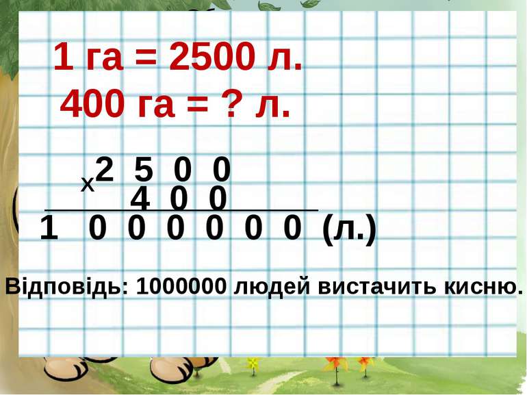 1 га = 2500 л. 400 га = ? л. 2 5 0 0 4 0 0 Х ________________________ 1 0 0 0...