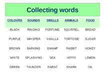 Collecting words COLOURS SOUNDS SMELLS ANIMALS FOOD BLACK RINGING PERFUME SQU...