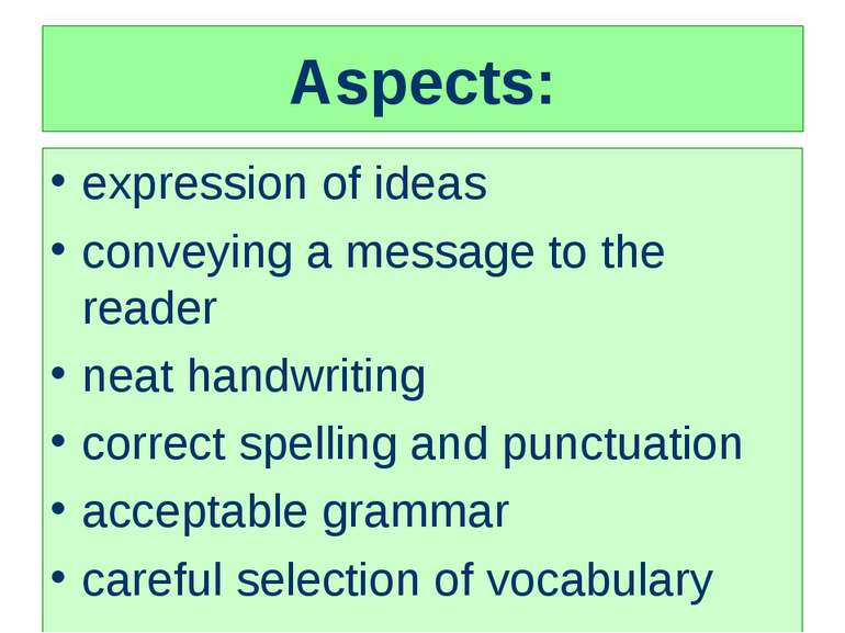 Aspects: expression of ideas conveying a message to the reader neat handwriti...