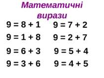 Математичні вирази 9 = 8 + 1 9 = 1 + 8 9 = 7 + 2 9 = 2 + 7 9 = 6 + 3 9 = 3 + ...