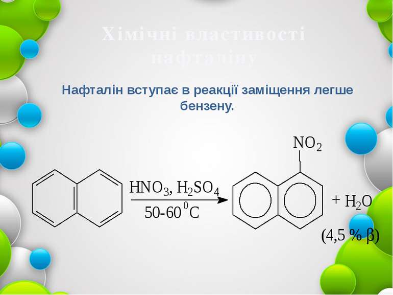 Хімічні властивості нафталіну Нафталін вступає в реакції заміщення легше бенз...