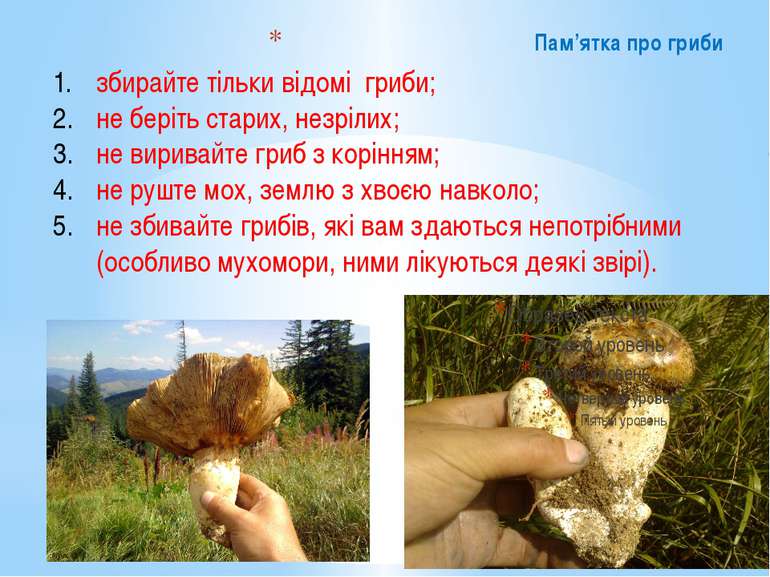 Пам’ятка про гриби збирайте тільки відомі гриби; не беріть старих, незрілих; ...