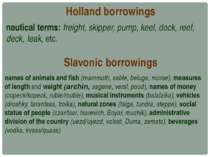 Holland borrowings nautical terms: freight, skipper, pump, keel, dock, reef, ...