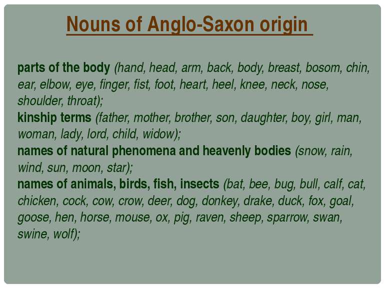 Nouns of Anglo-Saxon origin parts of the body (hand, head, arm, back, body, b...
