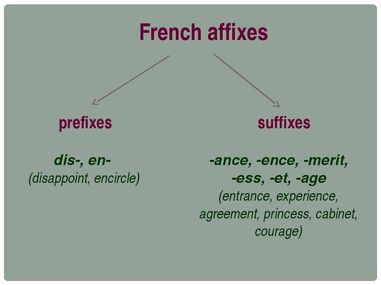 French affixes prefixes dis-, en- (disappoint, encircle) suffixes -ance, -enc...