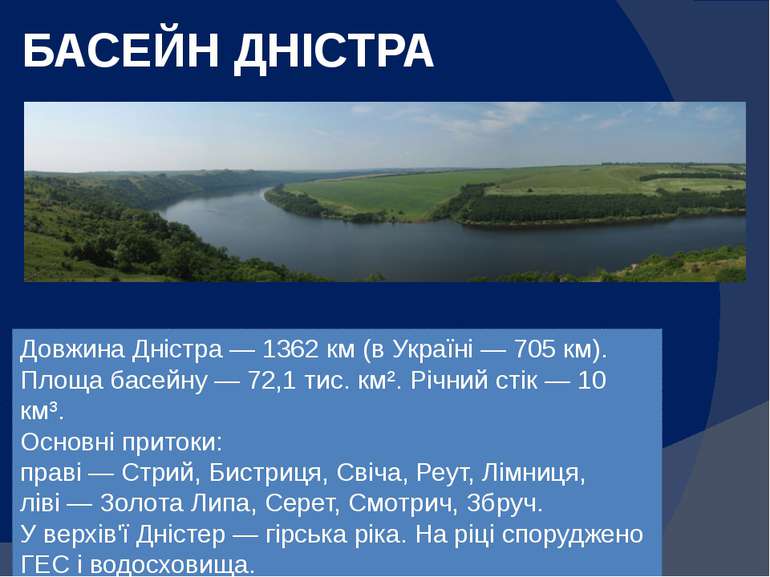 БАСЕЙН ДНІСТРА Довжина Дністра — 1362 км (в Україні — 705 км). Площа басейну ...
