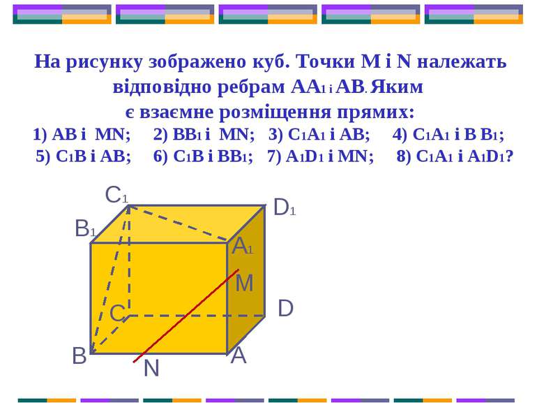 На рисунку зображено куб. Точки М і N належать відповідно ребрам АА1 і АВ. Як...