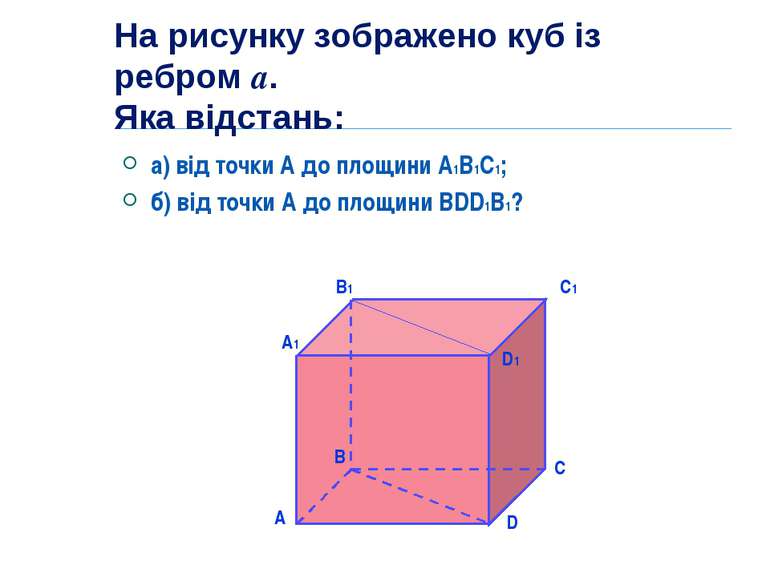 На рисунку зображено куб із ребром а. Яка відстань: а) від точки А до площини...