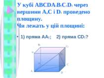 У кубі ABCDA1B1C1D1 через вершини А,С і D1 проведено площину. Чи лежать у цій...