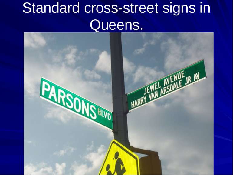 Standard cross-street signs in Queens.