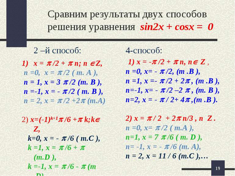 * Сравним результаты двух способов решения уравнения sin2x + cosx = 0 2 –й сп...