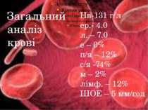 Загальний аналіз крові Нв-131 г/л ер.- 4.0 л. – 7.0 е – 0% п/я – 12% с/я -74%...