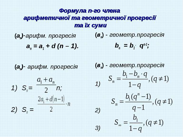 Формула n-го члена арифметичної та геометричної прогресії та їх суми (аn)-ари...