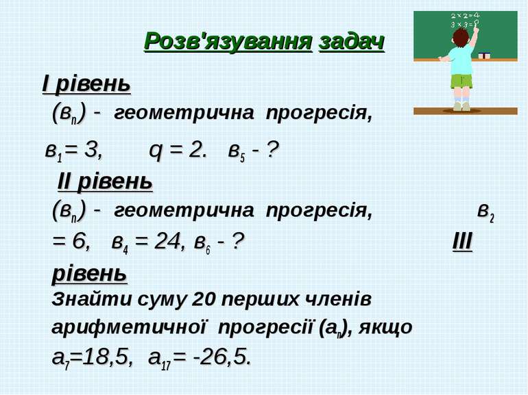 Розв'язування задач І рівень (вn ) - геометрична прогресія, в1 = 3, q = 2. в5...