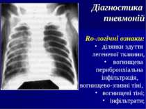 Діагностика пневмоній Ro-логічні ознаки: ділянки здуття легеневої тканини, во...