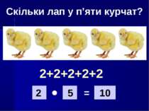 Скільки лап у п’яти курчат? 2+2+2+2+2 2 5 10 =