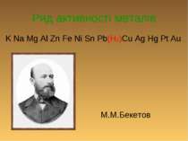Ряд активності металів K Na Mg Al Zn Fe Ni Sn Pb(H2)Cu Ag Hg Pt Au М.М.Бекетов