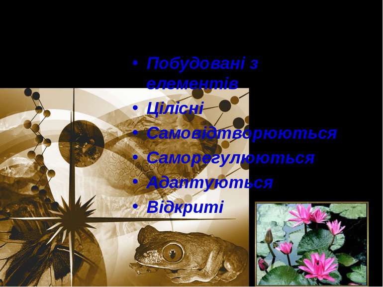 Біологічні системи Побудовані з елементів Цілісні Самовідтворюються Саморегул...