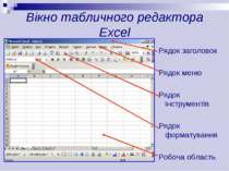 Вікно табличного редактора Excel Рядок заголовок Рядок меню Рядок інструменті...