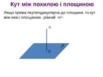 Якщо пряма перпендикулярна до площини, то кут між нею і площиною , рівний 90°...