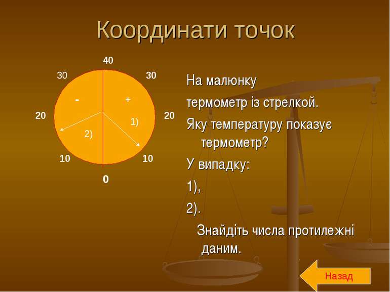 Координати точок На малюнку термометр із стрелкой. Яку температуру показує те...