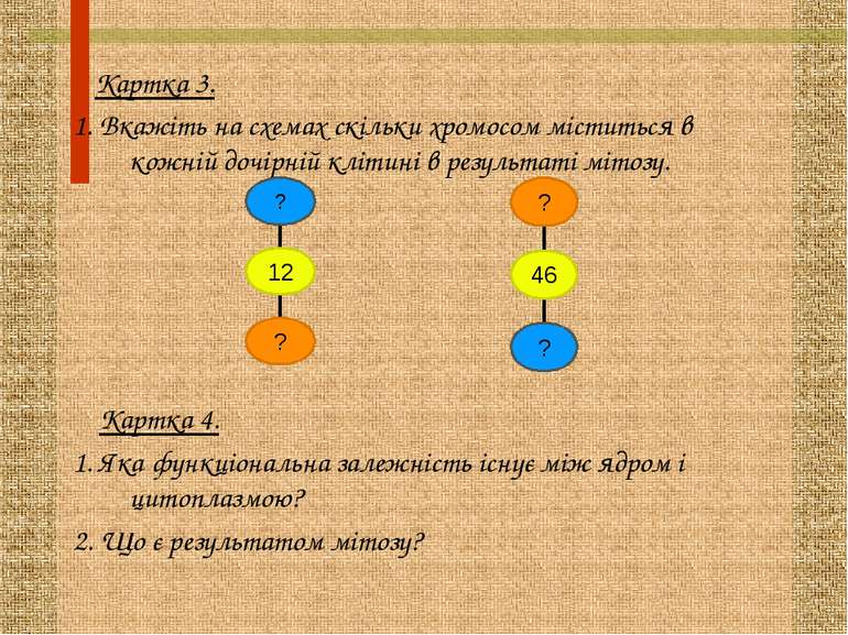 Картка 3. 1. Вкажіть на схемах скільки хромосом міститься в кожній дочірній к...