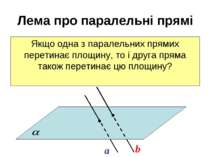 Лема про паралельні прямі Якщо одна з паралельних прямих перетинає площину, т...