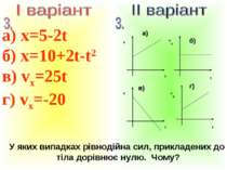a) x=5-2t б) x=10+2t-t2 в) vx=25t г) vx=-20 У яких випадках рівнодійна сил, п...