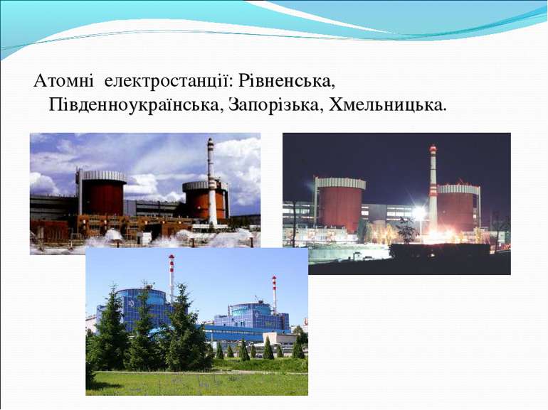 Атомні електростанції: Рівненська, Південноукраїнська, Запорізька, Хмельницька.