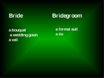 Bride Bridegroom a bouquet a wedding gown a veil a formal suit a tie