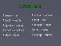 Exceptions A man – men A tooth – teeth A goose – geese A child – children A d...